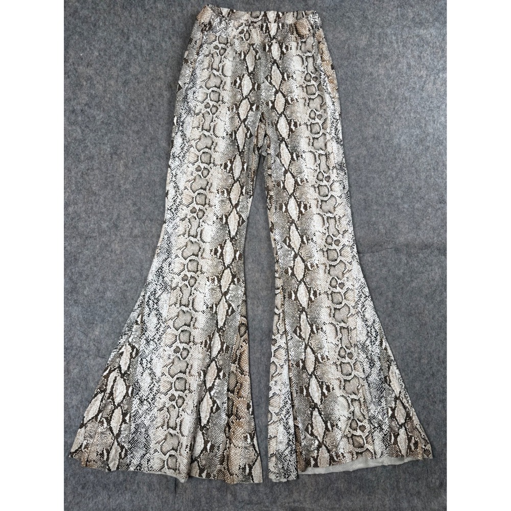 Lil Bees Bohemian Womens Snakeskin Print Flare Bell Bottom Pants Brown Tan Small